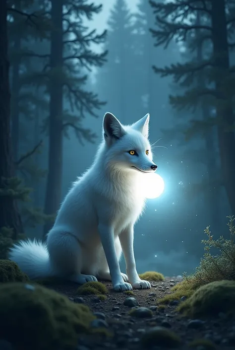 A white fox flashing a light in the forest