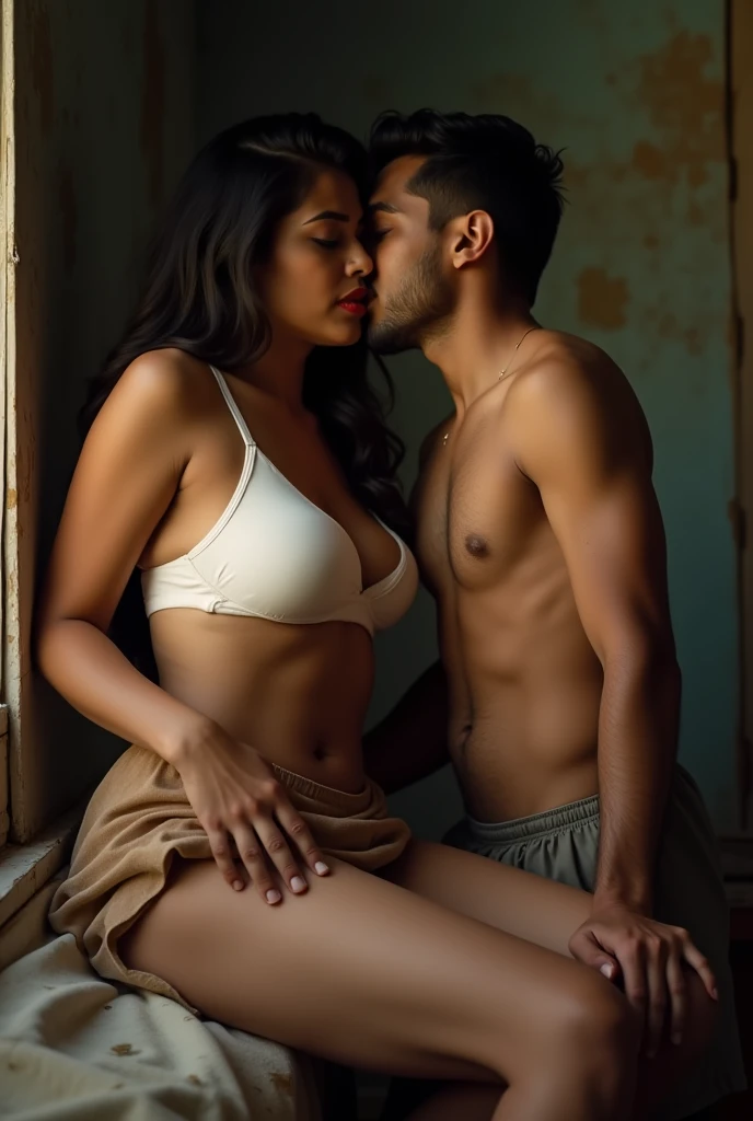 A hot indian curvy lady of 35 age wearing white bra and a long brown skirt seducing a teenage boy without facial hair of by showing her navel, thighs and cleavage , she is sitting on a bed and leaning her upperbody to the wall. Boy is wearing a shorts and ...