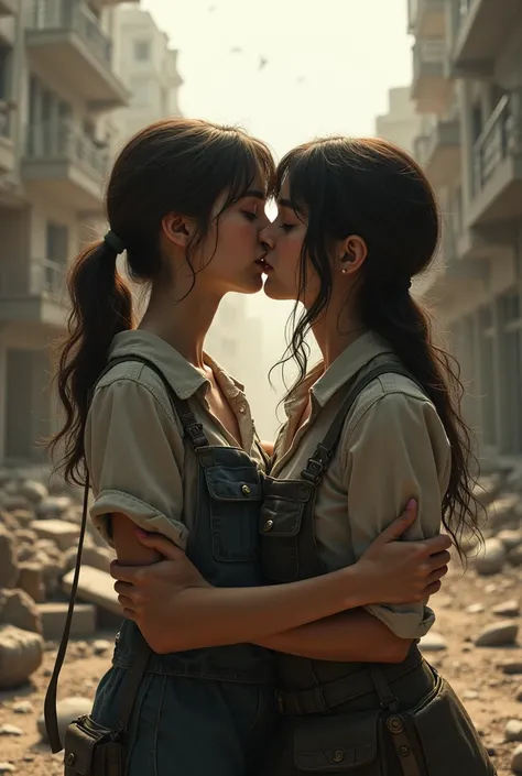 Two cute girls kissing in the war