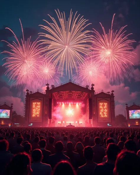 The crowd gathered around the large music performance stage. The angle is behind them. In the sky is a big fireworks show with lots of brilliant fireworks