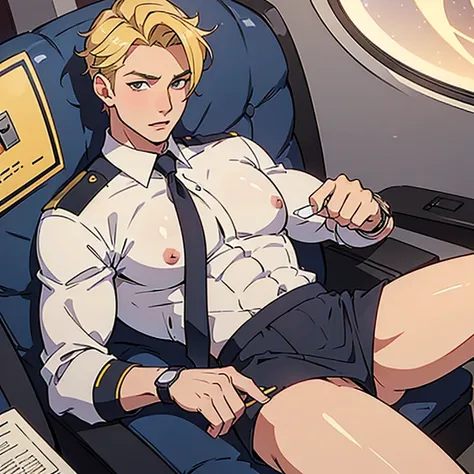 (((handsome gay blond //male// young seductive flight attendants and captain their his huge manly pecs wearing tight mini flight attendant uniform with mini short skirt wearing watches feeling horny))), ((male juicy thighs)), (inside plane), (the perverted...