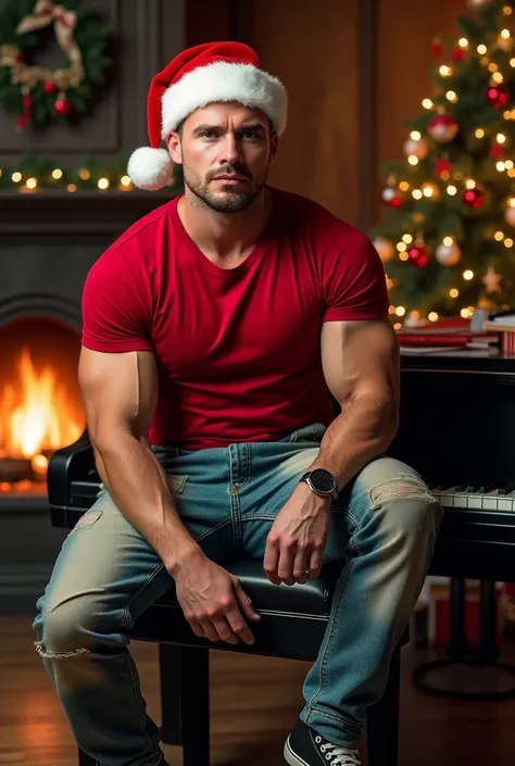 REAL MAN, good body,  short hair, tight old denim pants, long sleeve t-shirt, red, attached to the body, black tennis shoes,  Santa Claus hat ,sitting,   stuffed on a piano , Christmas pine, chimney,  in front of the spectator  ((real photo, real photoista...