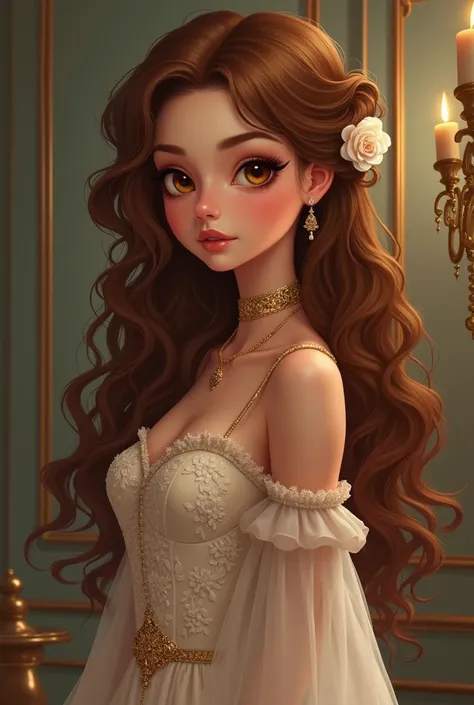 Make another image, girl in 

Eye: doe Hazel honey eye ,color 

Hair: A veryvery curly honey brown hair, that is long
Attire: A luxurious dress
Build: Slender and youthful, giving her an elegant and refined appearance.
Skin: Light, and pale, pink-ish
Artst...