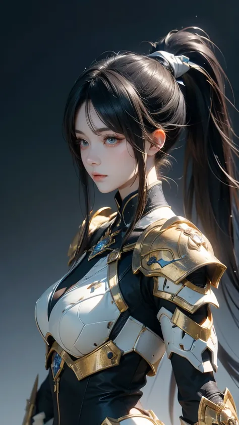 fantasy world， A Human Weapon Woman，single ponytail,  Blue Very Long Hair,  White Mechanical Armor ，Handmade Sword ， high detail（1.2），precise， watching people  , 8k Octagonal Rendering, 