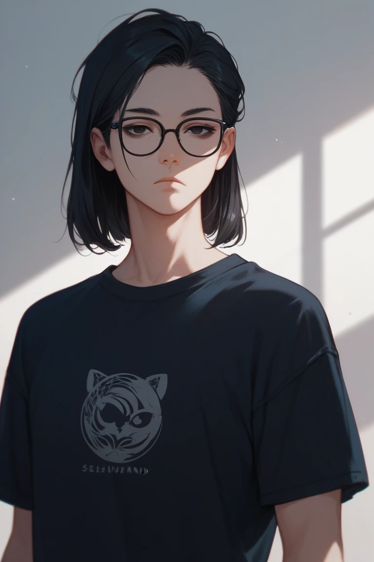  black hair , black eye, Upturned eyes, shirt, black glasses, Expressionless