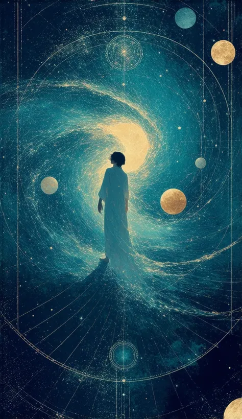 Craft a transformative illustration of the imaginative Pisces, melding elements of spacetime curvature, singularity, and the cosmological Big Bang. The artwork should exist within a celestial tableau, integrating the essence of the cosmos and the zodiac. E...