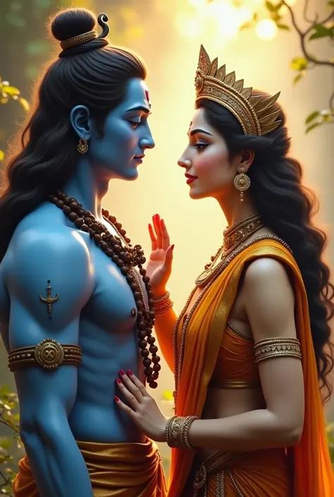 "A divine depiction of Lord Shiva and Goddess Parvati in a serene, ethereal setting. Lord Shiva, with blue skin, wearing a tiger-skin garment, rudraksha beads, crescent moon on his hair, and a calm expression, is seen gently blessing Goddess Parvati. Godde...