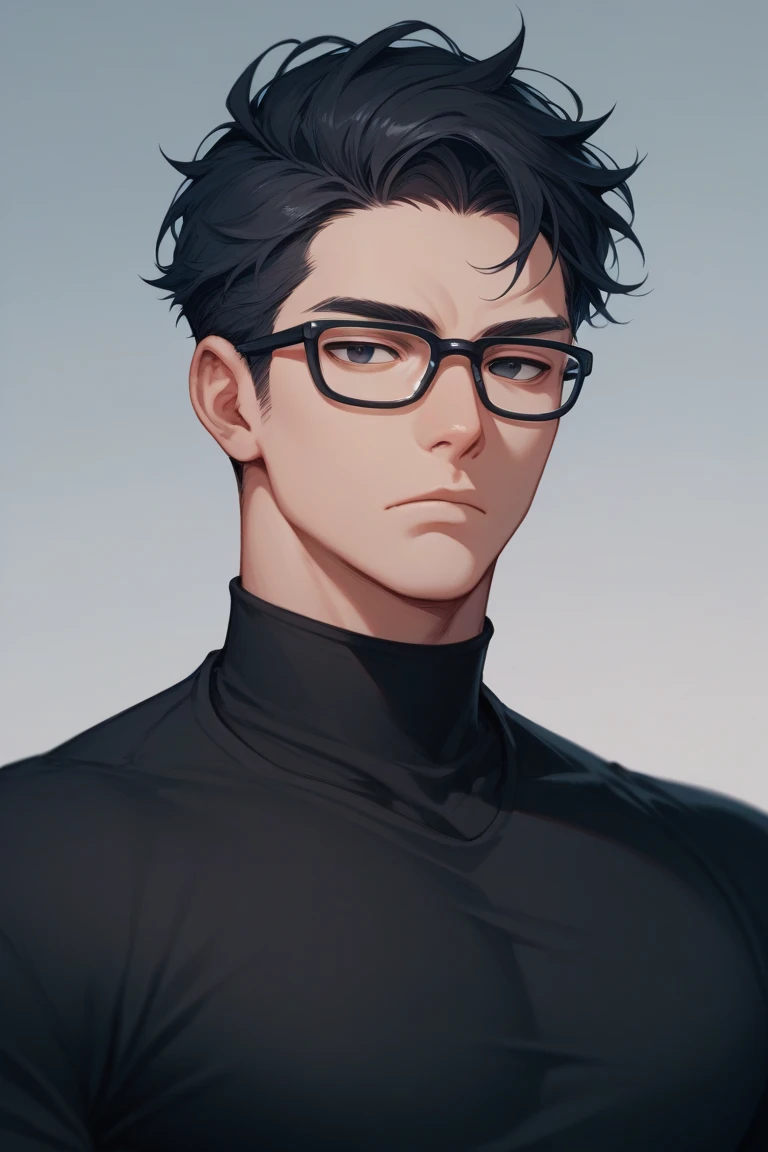 black and short hair, black eye, Upturned eyes, shirt, black glasses, Expressionless,  Handsome man 