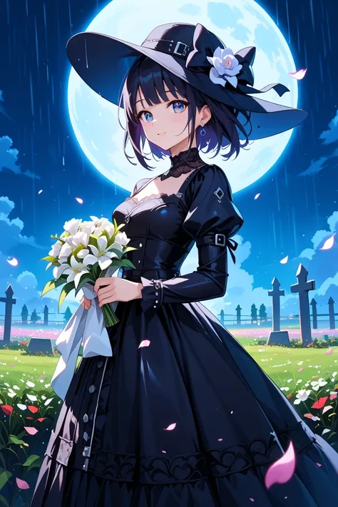 1girl,,face not visible,black Gothic dress,black hat,white bouquet,(holding white bouquet),standing,front,(black petals flying in profusion),Rain of petals,many petals,innumerable petals,petals floating in the air,Art Deco,Color Field painting,rococo style...