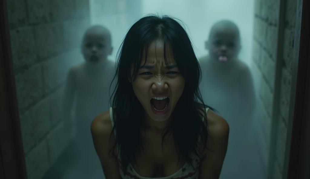  a young Asian woman with a panicked face , Behind there is a ghost of a baby. , gloomy scene