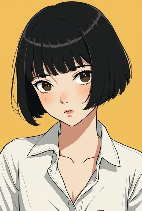 arafed asian woman with a short black haircut and a white shirt, an album cover inspired by Nara Yoshitomo, instagram, shin hanga, the hime cut, white hime cut hairstyle, black hime cut hair, she has black hair with bangs, with short hair with bangs, sui i...