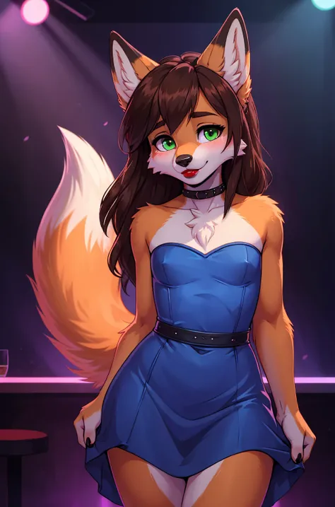  better quality ,  furry male fox with green eyes,  with brown long hair ,  with a black nose, with red lipstick on her lips,  big lips,  in a strapless blue dress , a femboy, crossdressing, shy, flirts, portrait, against the backdrop of an empty nightclub