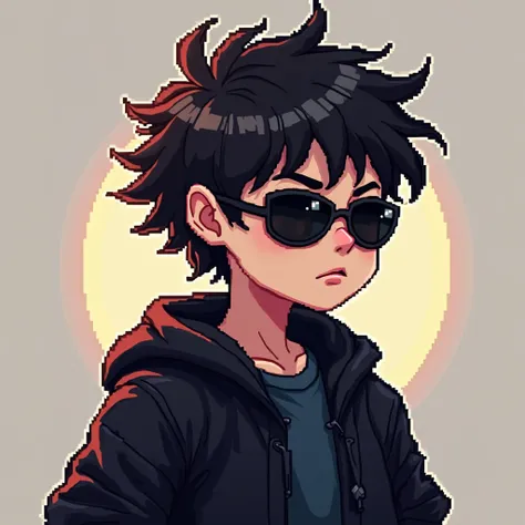 pixel art, boy, blackish brown hair, black jacket, wearing sunglasses