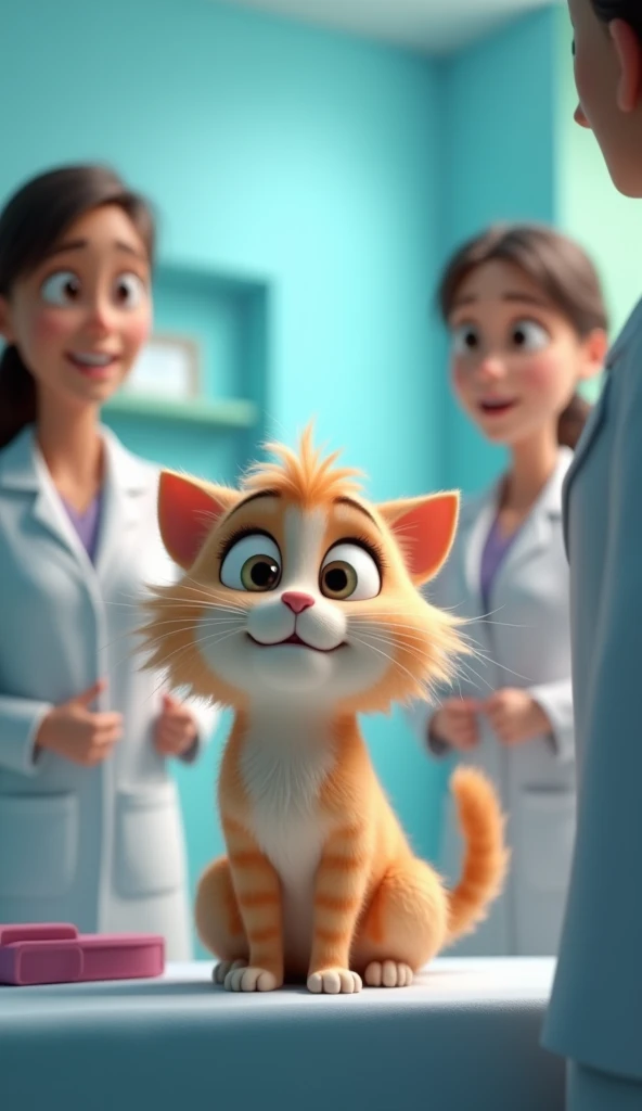  an animated Pixar-style cat ,  with big white eyes long wavy hair,  is sick in a hospital room , She has doctors around her , Pixar style scene 