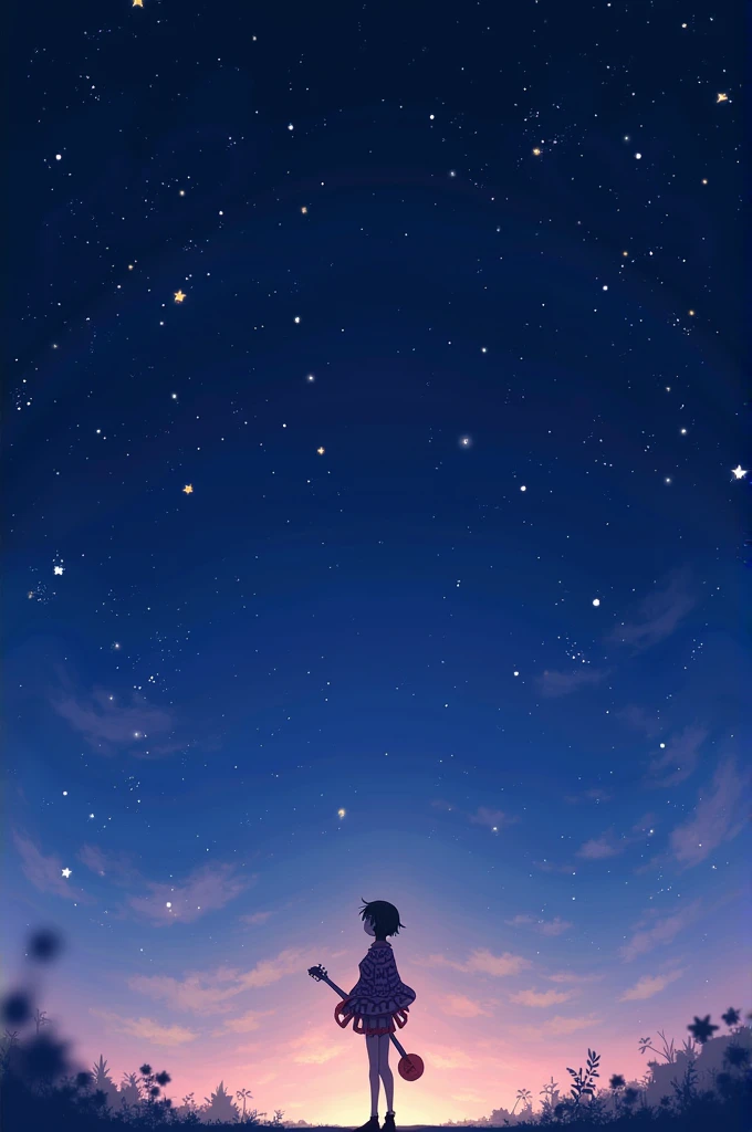 Anime striped picture standing looking at the stars and holding a guitar