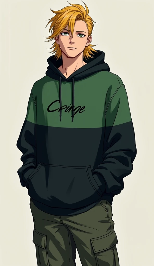 young boy aged 24 who is very slick. He wears a pair of navy green cargo pants with a green-black hoodie.Has a golden medium mullet with a textured cringe. Small streaks of black hair in it