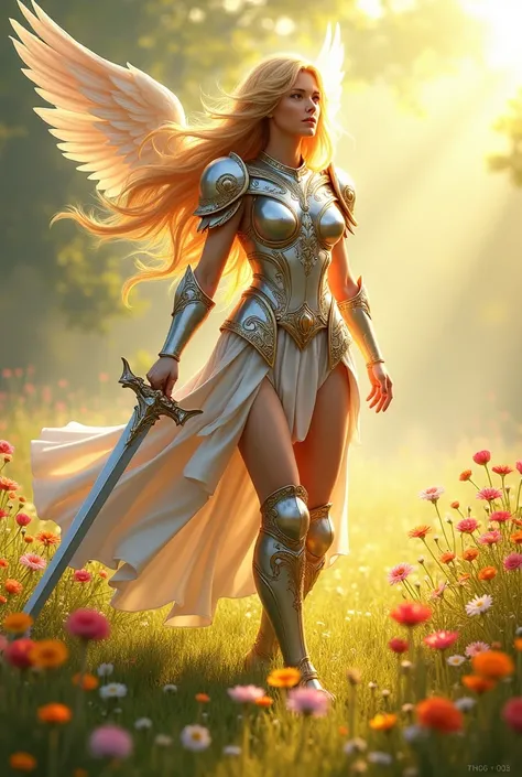 buff female sun themed angelic summer paladin with golden blonde hair wearing silver armor and a silver sword with a cherubic face standing in a lush sunny field with colorful spring wildflowers