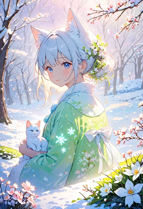 8K Resolution, (Masterpiece) (Top Quality) Watercolor, Against a backdrop of newly sprouting greenery, a scene blends together delicate snowflakes, a cat, and a cat-eared girl. Soft neon lights outline their silhouettes, adding a subtle shimmer to the emer...