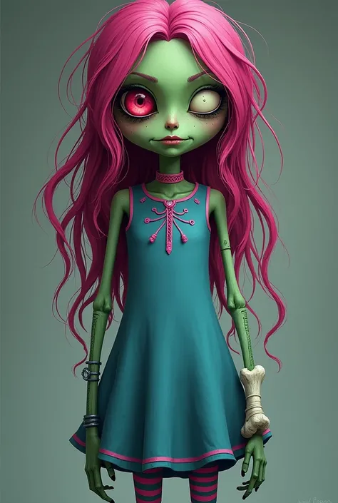 Green skinny zombie girl with a missing left eye, long messy magenta hair with a blue dress and long blue sleeves with pink accents an pink choker and a missing arm with only a bone. Pink and blue striped stockings