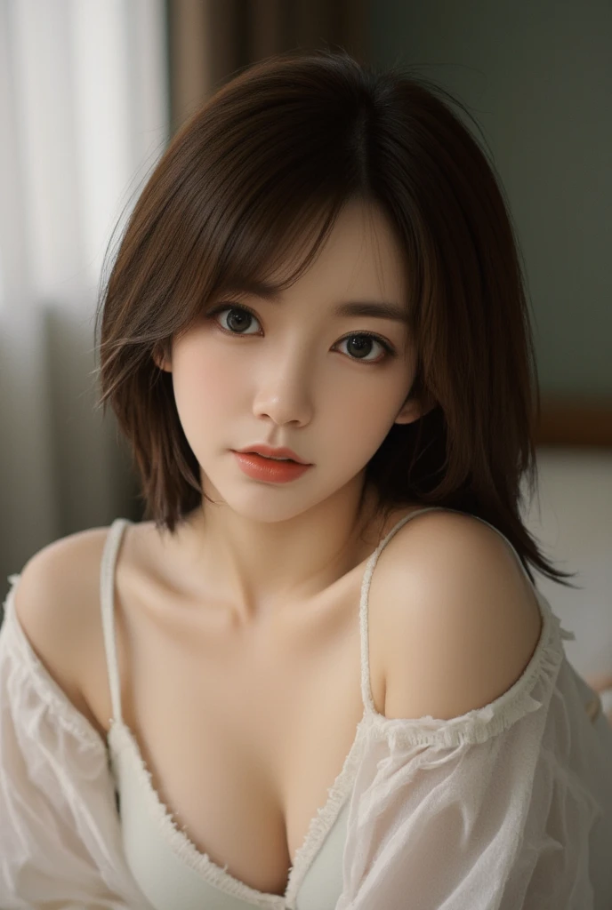 Photography fullbody random poses, (Beautiful Japannese Female, (green puri eye)), (Beautiful cup-A small chests), (white pale skin), (wearing microbikini ), random style, on the bed,doing random work,Immerse yourself in a world of dark tones、 cinematic li...