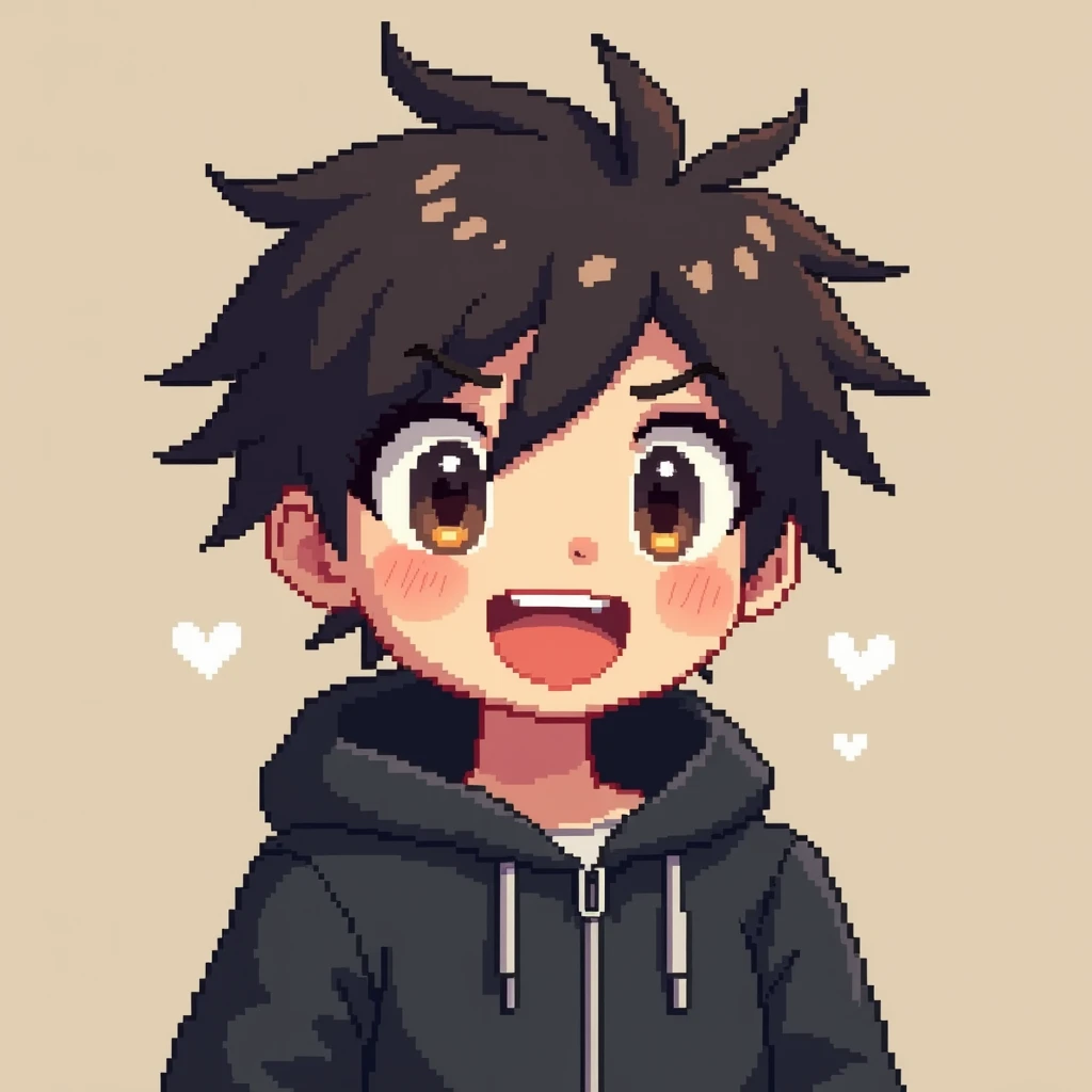 pixel art, boy, blackish brown hair, black jacket, happy looking,