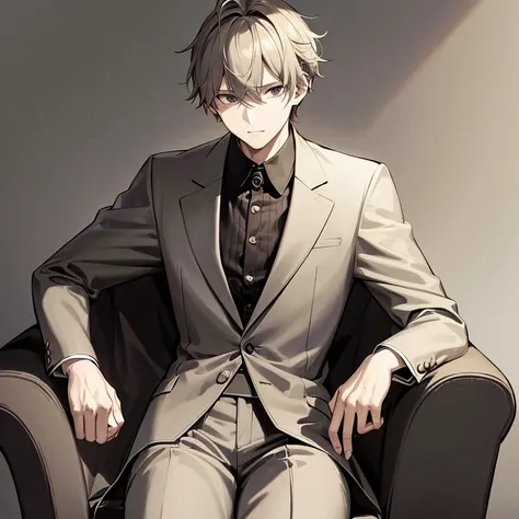 Male, Sitting down. His posture is relaxed, He rests his cheek on his right hand , Calm and Amused expression. Flower crown on his head, His outfit could be one of his usual formal yet slightly undone styles, with a simple coat and shirt. ALL LINE ART , NO...