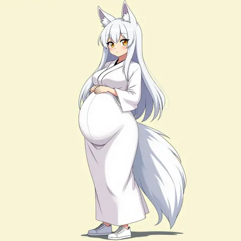 anime girl, long hair, white thin tights ,big pregnant belly girl  yellow eyes , hyper-pregnant girl, keep your finger on the pulse , white sneakers , anime style , Smile , High resolution, white hair,hyperbolized breasts,hyper-pregnant girl with a big bel...