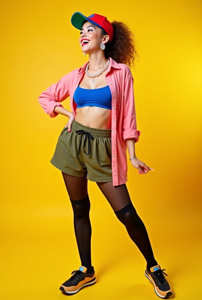 Cheerful woman posing standing on a blurred yellow background. She wears brown wavy hair with ponytail hairstyle, red, green and blue cap, blue eyes, red lips, large pearl earrings, silver medium necklace, pink open shirt, blue bra, militar green shorts, b...