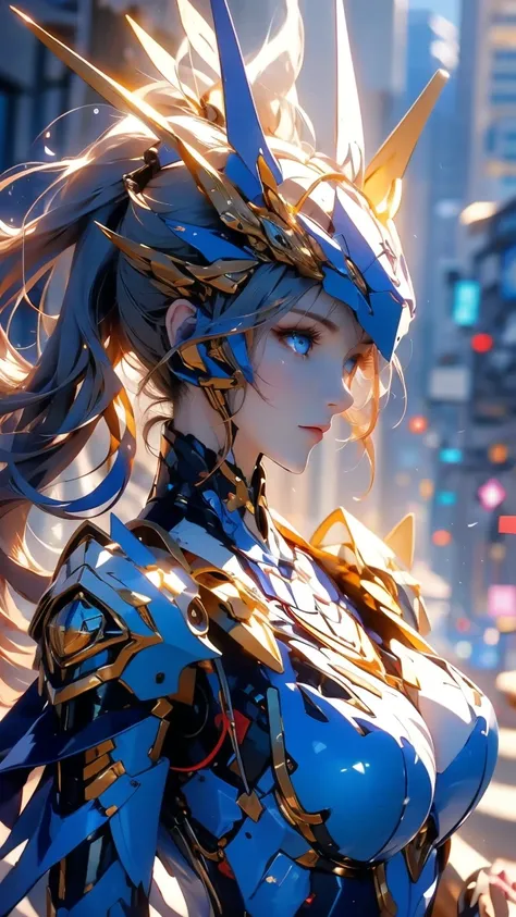 fantasy world， A Human Weapon Woman，single ponytail,  Blue Very Long Hair,  White Mechanical Armor ，Handmade Sword ， high detail（1.2），precise， watching people  , 8k Octagonal Rendering, 