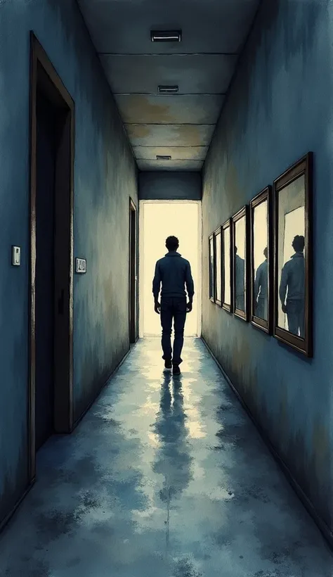 depict a dark corridor on the right wall of which there are mirrors that reflect different emotions from good to bad and along this corridor there is a silhouette of a person of average build. the picture is painted with water-based watercolors in the wet-...