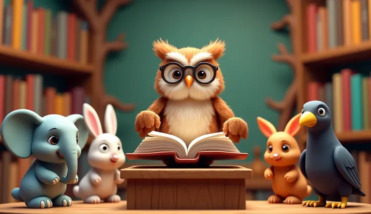 الو استاد کا کتابوں کا سبق

An owl teacher wearing round glasses, sitting on a wooden podium, holding an open book. Baby animals like the elephant, crow, and rabbit are sitting in front of the owl, looking amazed. A bookshelf made of tree branches is visib...