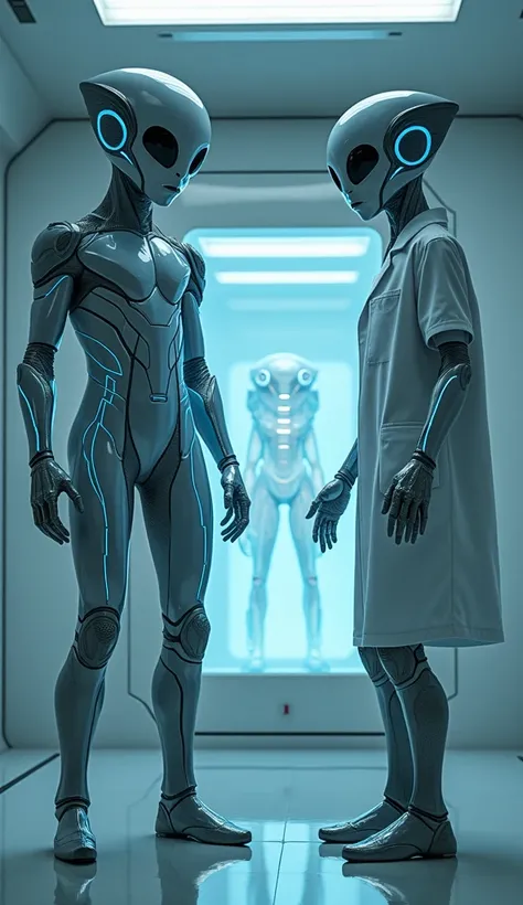 An ultra-modern laboratory in Area 51 . in the center,  two humanoid aliens with shiny silver skin and big eyes,  wears futuristic uniforms with blue lighting details .  They are standing next to a human dressed in a white coat ,  working on a holographic ...