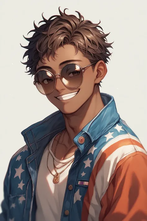 Male African American, loose dreads hair, poncho jacket, smile, round sunglasses, anime style