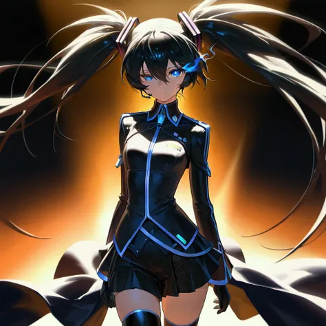 Black Rock Shooter Hatsune Miku is standing with one eye shining, the collapsing world,(best quality,4k,8k,highres,masterpiece:1.2),ultra-detailed,intricate details, high fashion, dramatic lighting, warm colors, chiaroscuro