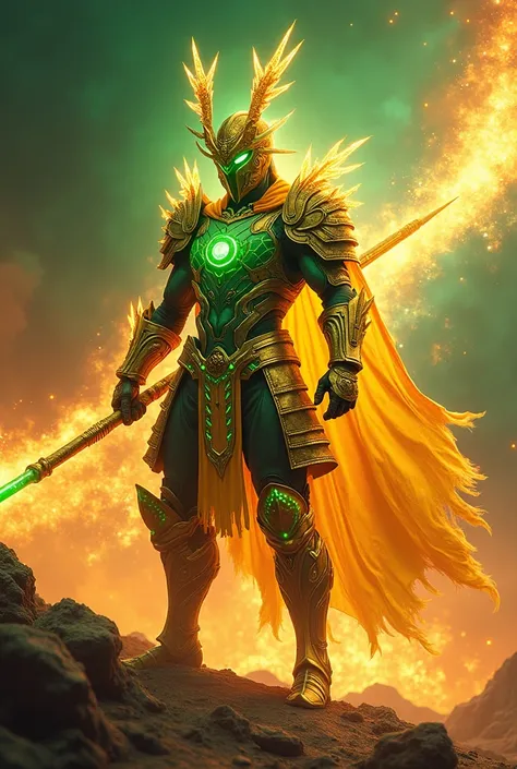 "A celestial samurai clad in radiant armor inspired by the month of August, their suit shimmering with vibrant green hues of peridot and streaks of molten gold. The intricate armor features solar flare patterns glowing with fiery energy, and their pauldron...