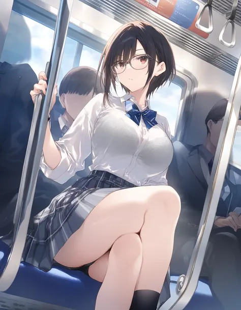  One girl ,   ,  school uniform,  Shorthair, boyish 、  Beautiful breasts ,Big Breasts、 Glasses, jitome,   open mouse, train_ interior , Game CG break ,(( artist :_)),( artist :Mitsumi_Misato),( artist : Fujiyama ),,(masterpiece), ( top quality ), ( Ultra D...