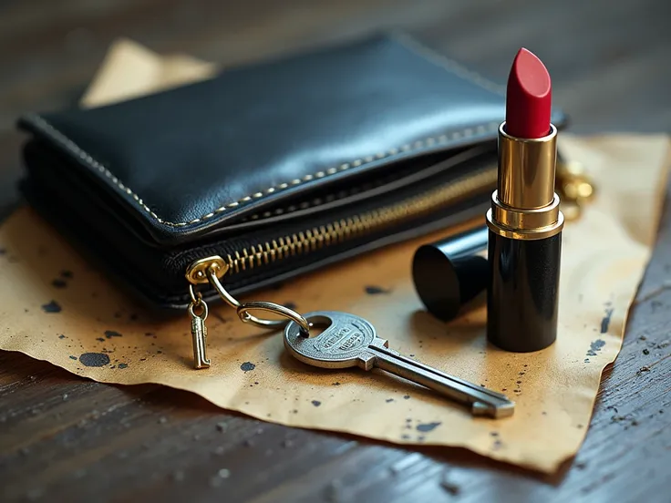 Crime scene lipstick、key、wallet，Simplicity， transparent background，Realistic color 