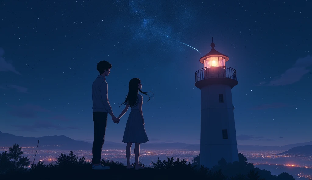 A 20-year-old girl looks at the stars on a tall lighthouse with an adult boy。  The sky is dotted with countless stars , A shooting star streaks across the sky,  lighting up the area next to the characters face .  Cyberpunk art inspired by Liam Wong {x} Whe...