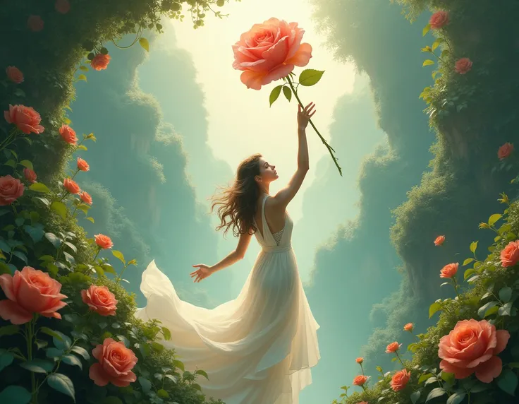 A beautiful girl walked to heaven, and there were many fruits and many amazing flower and many grass on haven. When she tried to pick the rose, the rose disappeared.
