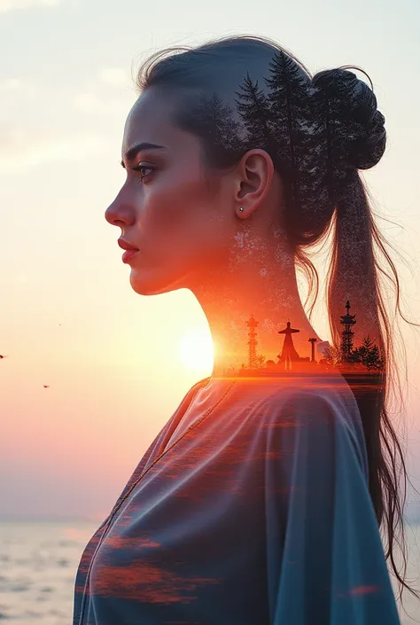 high quality, 8K Ultra HD, A beautiful double exposure that combines an goddess silhouette with sunset coast, sunset coast should serve as the underlying backdrop, with its details incorporated into the goddess , crisp lines, The background is monochrome, ...