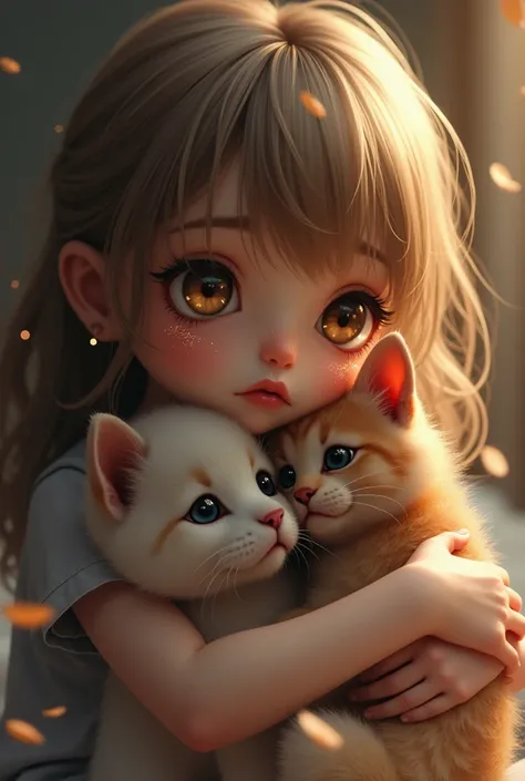 A sad girl with wheat-colored hair hugs a kitten tightly hugs a puppy,lyu ,  eye glitter ,  large eyes ,  petals , Original Style, cute,  cute and charming ,  refined ,  smiles,  glowing smoky eyes , fantasy, Soft light, glitter,  Professional photo, beaut...