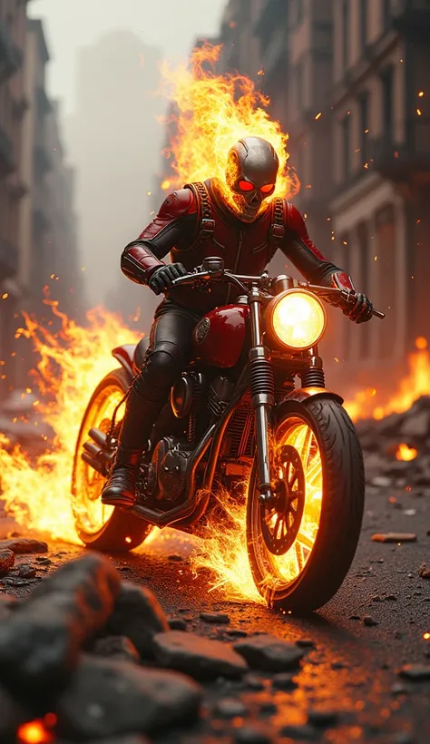 A cinematic, hyper-realistic depiction of Ghost Rider and Ant-Man clashing in the remains of a crumbling, fiery city. Ghost Rider, a skeletal figure engulfed in roaring, molten flames, rides his hellish motorcycle through the destroyed streets. His exposed...