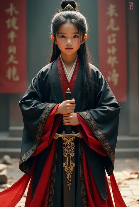 an ancient Chinese boy wearing black and red ancient Chinese clothes, long hair tied in a black tie and carrying a sword.