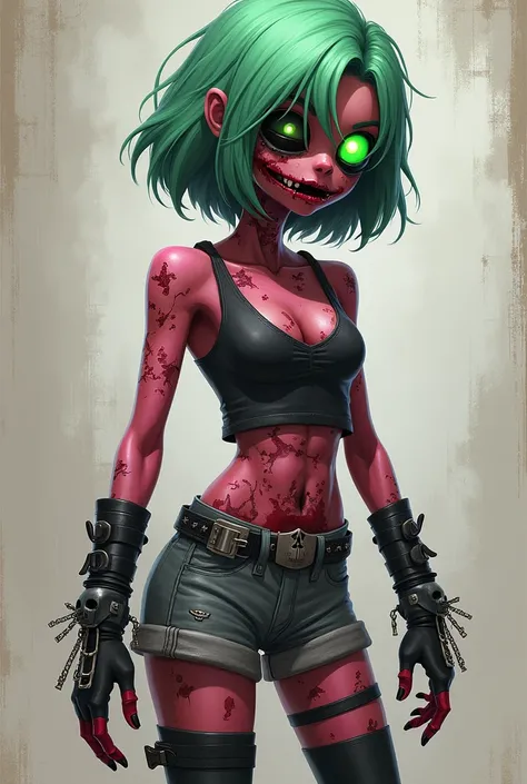 Magenta colored zombie with medium short green hair covering 1 eye, with green eyes, black tv with a skull and black and grey bracelets. Grey shorts with fish nets and long black and grey boots and a bite in neck 