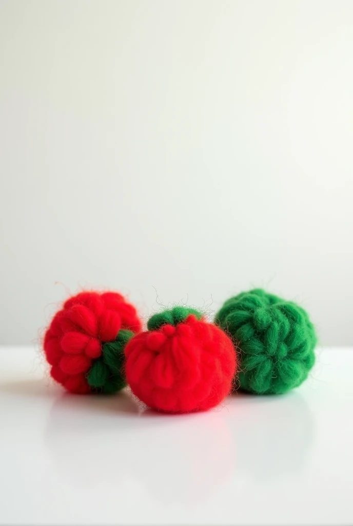  three pompoms are sitting at a table on a white background, Red and Green, Red Green, Green and red, Red and Green color scheme, Red and Green tones,  made of wool , Wool , volumetric wool I felting, colours Red and Green, Green and red tones, I felt, vib...