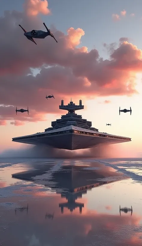 Prompt.-
Spectacular photography, large angle, best angle of view, digital noise free, 300dpi, uhd, facial features and limbs, meticulously detailed of the ship owned by Darth Vader called "Imperial Class Destroyer" taking off over the beautiful mirror sur...