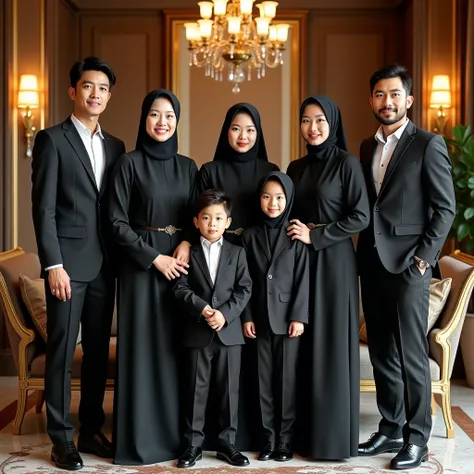 The beautiful family portrait features a harmonious and elegant Indonesian Muslim family, with 3 men (father and two sons) and 4 women (mother and three daughters, one wearing a niqab). They are dressed in luxurious, elegant attire that contrasts beautiful...