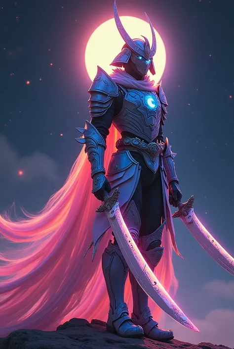 > "A cosmic samurai clad in iridescent opal-like armor that shifts through a spectrum of colors—soft pinks, fiery oranges, mysterious purples, and deep blacks. Their sleek helmet features a crescent moon crest, with a translucent visor that shifts hues lik...