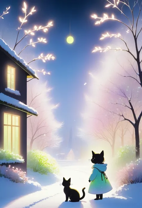 8K Resolution, (Masterpiece) (Top Quality) Watercolor, Against a backdrop of newly sprouting greenery, a scene blends together delicate snowflakes, a cat, and a cat-eared girl. Soft neon lights outline their silhouettes, adding a subtle shimmer to the emer...