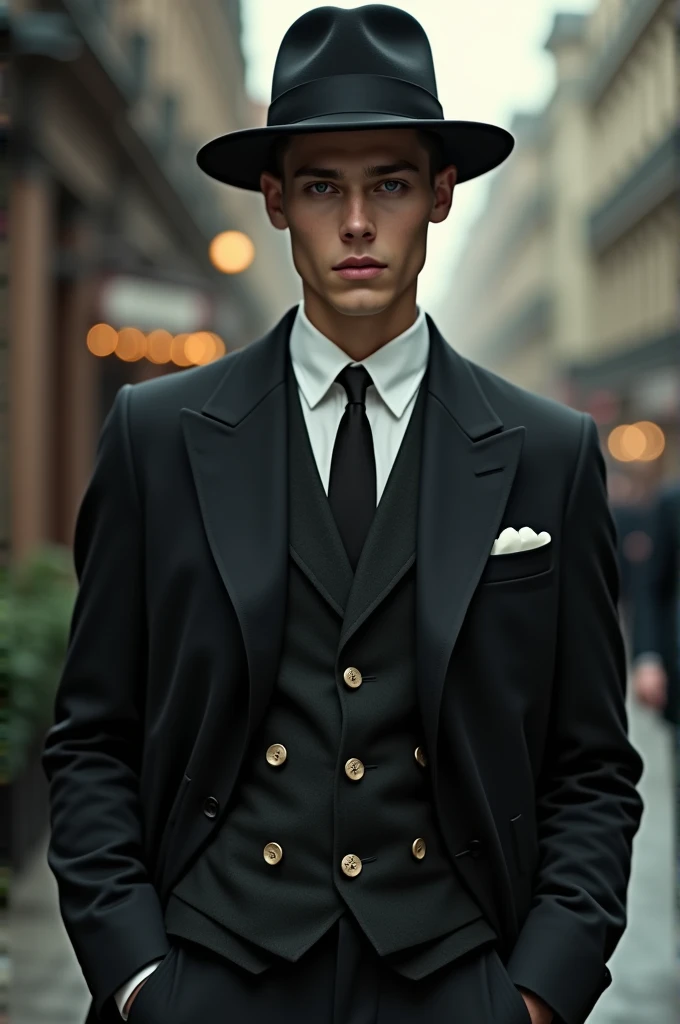 Clean-faced gemoy-bodied man wears long suit and hat a la Thomas shelby
